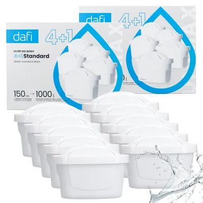 Two boxes of Dafi water filters are shown, with a stack of water filters in front of them. Water splashes are visible on the right side.