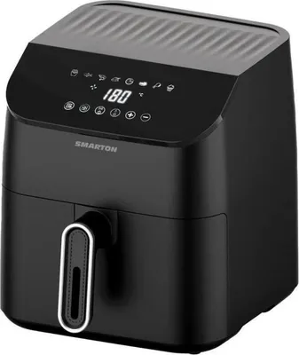 A black Smarton air fryer is shown from a front-side angle against a white background.