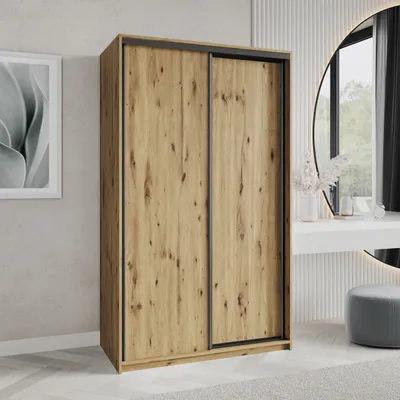 Produktbild von Masseno Schiebetürenschrank NISSE 120/205/60 cm Kleiderschrank mit Schubladen Schlafzimmer Schrank 2-türig Eiche Artisan + Schwarz