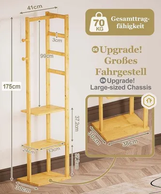 Productafbeelding van Bamboe Kledingrek Smal 175 cm met 3 Planken en 2 Haken voor Kleding - Ideaal voor Entree, Gang, Slaapkamer en Woonkamer