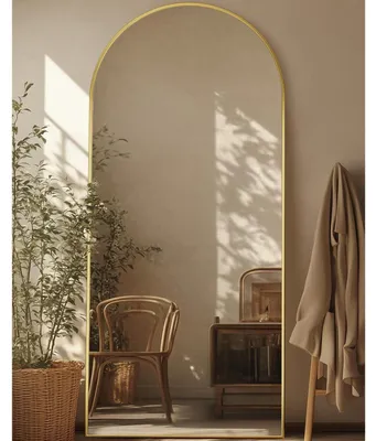 Immagine prodotto di Specchio a figura intera, specchio da parete, specchio ad arco, dimensioni 161x52 cm, cornice in alluminio dorato, vetro HD, resistente agli urti
