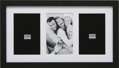 A black multi-photo frame with a white matting, displaying a family photo in the center and two blacked-out photo spaces on either side.