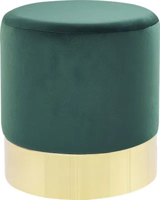 A green velvet ottoman with a gold metal base.