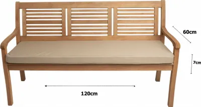 A wooden garden bench with a beige cushion, shown with dimensions indicated by text overlays.
