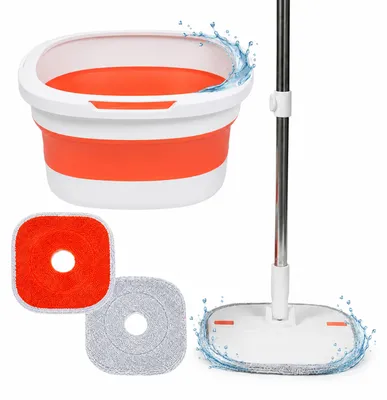 Obrázek produktu pro Relaxdays Sada na vytírání podlah, 3,8litrový kbelík s funkcí odtoku vody, úsporný design, rozměry (v x š x h): 18 x 34,5 x 34,5 cm, 2 hlavice na mop, barva: bílá/oranžová