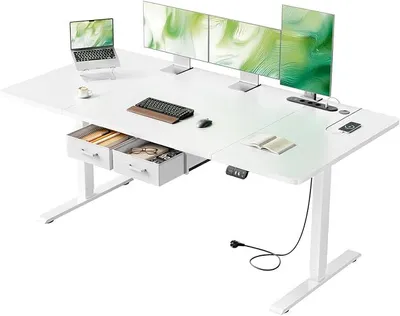 Obrázok produktu pre Výškovo nastaviteľný písací stôl s zásuvkami, 160 x 80 cm, elektricky nastaviteľný písací stôl s zásuvkami a USB portom, stabilný stojací stôl s pamäťovou funkciou, biela farba