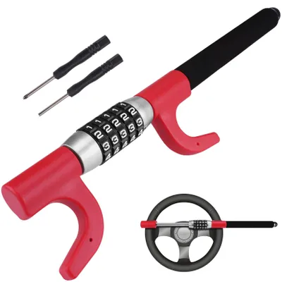 Produktbild von Tevlaphee Lenkradkralle mit Zahlenschloss, Lenkradschloss, Parkkralle, Radkralle, Auto Diebstahlschutz, Lenkradsperre Auto, Universal – Rot