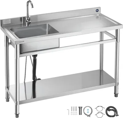 Immagine prodotto di Lavello VEVOR in acciaio inox (120 x 50 x 94 cm), vasca singola con rubinetto e ripiano, lavello da cucina per garage ristorante lavanderia, lavello da esterno con piano di lavoro (a destra)