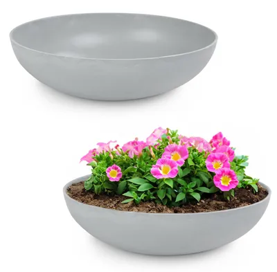Immagine prodotto di Fioriera rotonda bulbosa da 45 cm per esterni, grigio chiaro marmorizzato