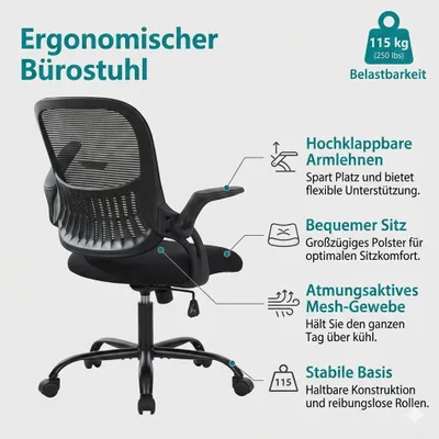 Produktbild von Ergonomischer Stehstuhl mit verstellbarem Fußring, beweglichen Armlehnen, 360° Rollen und höhenverstellbarem Sitz für Büro & Homeoffice.
