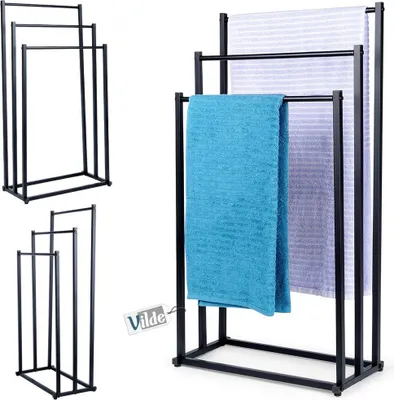 A product image showing a black metal towel rack with two towels draped over it, alongside smaller inset images of the same towel rack.
