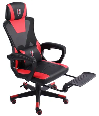 Produktbild von Gaming Stuhl im modernen Racing-Design mit einklappbarer Fußstütze - Gaming Chair mit flexiblen Armlehnen - ergonomischer Gaming Schreibtischstuhl mit extra Stützkissen  ,Farbe:Schwarz/Rot