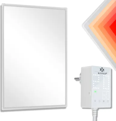 A white infrared heater panel and a white thermostat plug are shown against a white background. A corner of the heater panel shows a gradient of red and orange colors, suggesting heat.