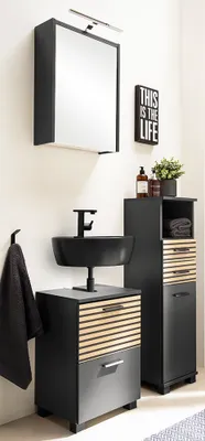 Produktbild von Badmöbel Set mit Spiegelschrank inkl. Beleuchtung, anthrazit, Akustikpaneel-Optik KANE-80