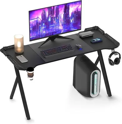 Produktbild von Gaming Tisch mit LED 140x60 cm Schreibtisch Gaming Computertisch mit Getränkehalter und Kopfhörerhaken PC Tisch Gamer Tisch Gamingtisch mit Kohlefaserbeschichtung Schwarz, Y-Frame
