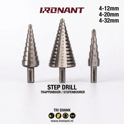 Productafbeelding van Ironant trappenboren 3 stuks (4-12, 4-20 en 4-32mm) - Rechte groeve - HSS 6542