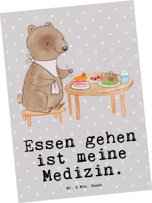 Produktbild von Mr. & Mrs. Panda Postkarte Bär Essen gehen - Grau Pastell - Geschenk, Grußkarte, bildkarte, Köstlichkeiten, Postkarten, Restaurantbesuch, Restaurant, Fotokarte