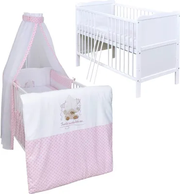 Produktbild von Baby-Delux Babybett Kinderbett Max 120×60 Weiß mit Matratze, Beißschienen  10-tlg. Bettwäsche Set Twinkle Star Rosa