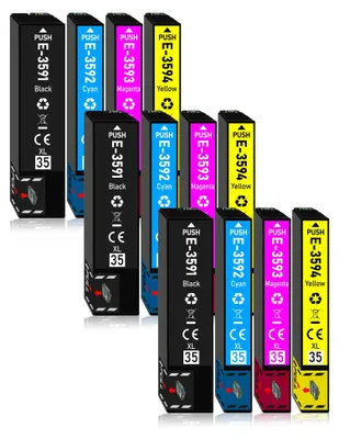 A collection of printer ink cartridges arranged in a staggered pattern against a white background.