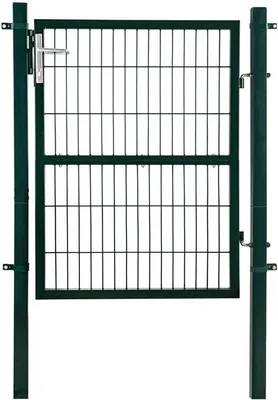 A green metal garden gate is shown against a white background.