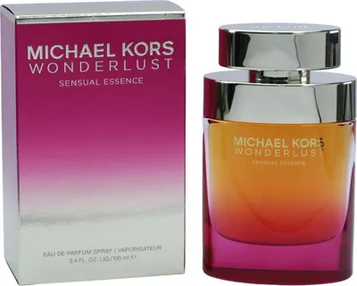 Parfum Michael Kors Wonderlust Sensual Essence in farbintensivem Glasflakon mit Farbverlauf von Orange zu Pink, silberner Kappe und passender Box in Pink-Weiß.