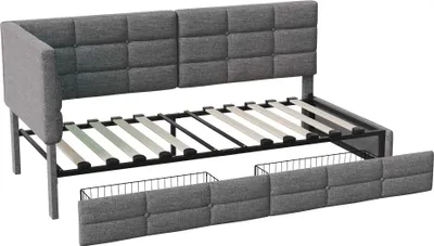 Image de Lit rembourré Canapé-lit 90x200, Lit simple avec 2 tiroirs, lumière LED et fonction de charge USB Typ-C, Lit fonctionnel Lit de jeune Cadre de lit Canapé-lit avec sommier à lattes, Lin, Sans matelas, Gris