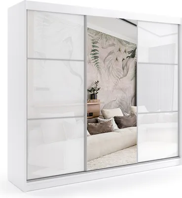 Produktbild von ALTDECOR Kleiderschrank mit Spiegel und Schiebetüren, kugelgelagerte Führungsschienen und Aluminium-Leisten - VIVI - 240 cm - Weiß