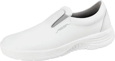 A white Abeba slipper shoe is shown from a side angle against a white background.
