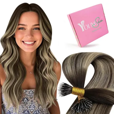 Obrázek produktu pro Nanoringové prodlužovací vlasy, přírodní vlasy, balayage, tmavě hnědé s popelavě blond, 35 cm, 50 g, odstín 4/18/4