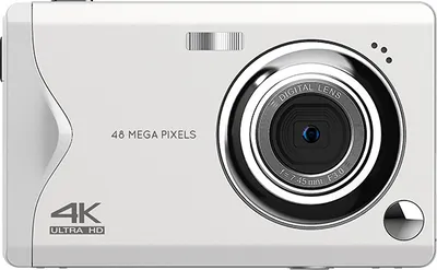 A front view of a white digital camera with a silver lens and buttons, set against a white background.