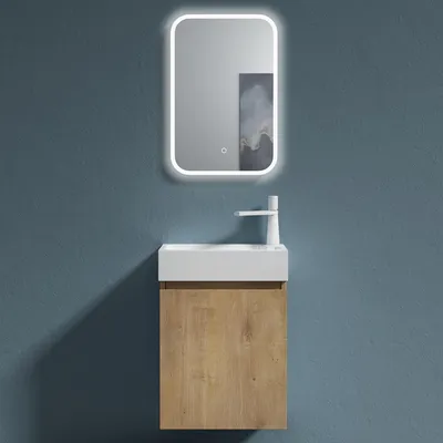 Image de doporro Petit Meuble de Salle de Bain Suspendu 46cm Aspect de Chêne Ensemble de 3 Pièces Meuble avec Lavabo Solid Surface et LED Miroir Design Pisa02