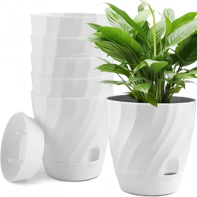 Productafbeelding van Zelfwaterende bloempotten, 12 cm, kunststof, rond, met onderzetter, set van 6