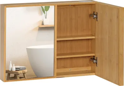 Obrázek produktu pro Koupelnová skříňka se zrcadlovými dvířky, bambus, více polic, 65,2 x 14 x 50 cm