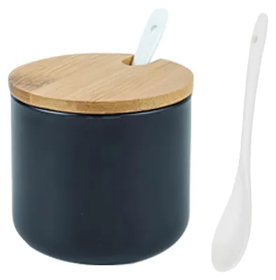 Produktbild von Gewürzgläser mit Löffel, Keramische Dose Schwarz mit Deckel und Löffel, Salzdose und Zuckerdose