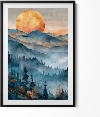 Produktbild von Abstrakte Sonnenlandschaft über Bergen und Wäldern– Wandbild mit Rahmen – Gerahmtes Bild  – Wanddekoration – 70x100 cm –  Schwarz Rahmen