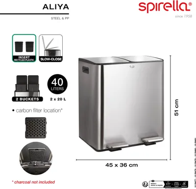 Image de spirella Poubelle Système de tri sélectif avec couvercle 40 L (2x20 litres) avec seau intérieur grandes poubelles Poubelle à pédale inox noir