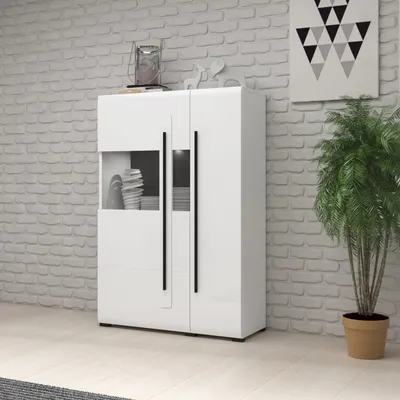 Produktbild von Masseno Kommode TULLIA 90 cm Highboard und 2 Türen für Wohnzimmer Schlafzimmer Modern 90x39x136 cm Weiß / Weiß