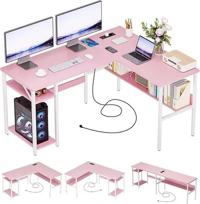 Zdjęcie produktu dla Biurko gamingowe w kształcie litery L, 128 cm, biurko narożne z uchwytem na komputer i półką, odwrócone, idealne do małych pomieszczeń, biurko komputerowe do pracy w domu i sypialni (różowe)