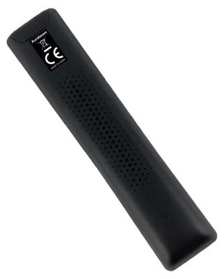 A black remote control is shown against a white background.