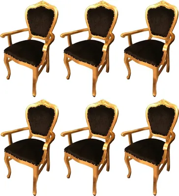 Produktbild von Casa Padrino Luxus Barock Esszimmer Set Schwarz / Gold 60 x 47 x H. 99 cm - 6 handgefertigte Esszimmerstühle mit Armlehnen - Barock Esszimmermöbel