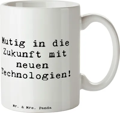 Produktbild von Mr. & Mrs. Panda Henkelbecher Spruch Neuen Technologien begegnen - Weiß - Geschenk, Vertrauem, Trost, technologische Neuerungen, Becher, Zuversicht, Innovation, Tasse