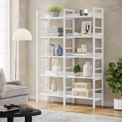 Obrázok produktu pre Tribesigns 5-poschodová priemyselná polica, 180 cm V x 119 cm Š, voľne stojaca, extra široká knižnica z dreva a kovu do obývacej izby, domácej pracovne, biela