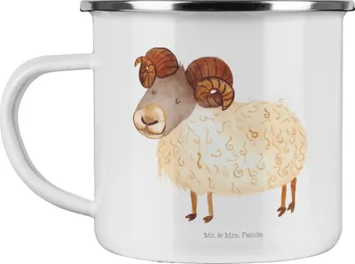 Produktbild von Mr. & Mrs. Panda Blechtasse Sternzeichen Widder - Weiß - Geschenk, Teetasse, Outdoor Tasse, Geburtstag März, Bock, April, Emaille, Becher, Pott, Schafbock, emaillebecher