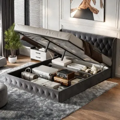 Immagine prodotto di UnboxG letto matrimoniale imbottito 140x200cm letto a molle insacchettate letto in legno massiccio con rete a doghe e contenitore, letto funzionale letto contenitore in velluto, grigio