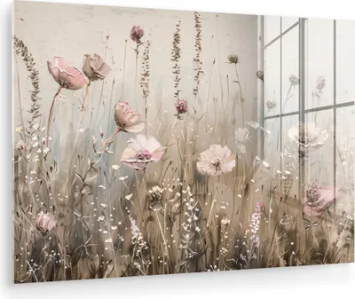 Produktbild von MuchoWow Glasbilder - Bilder auf Wandbild - Foto auf Glas Blumen - Rosa - Modern - Beige 90x60 cm Wanddekoration aus Glas - Acrylglasbild - Acrylbilder - Wandmalerei auf Glas