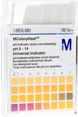 A package of pH indicator strips with a color chart.