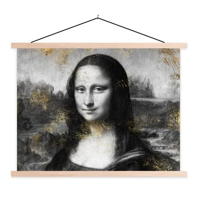 Produktbild von MuchoWow® Textilposter Mona Lisa - Leonardo da Vinci - Schwarz - Weiß - Gold 120x90 cm mit holzfarbenen Rahmen - Magnetisch