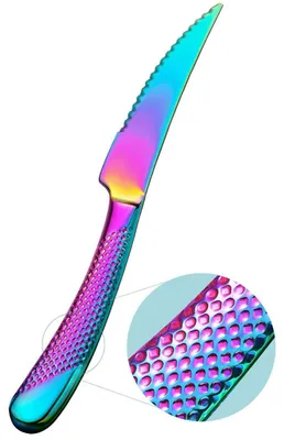 Image de Ensemble de 6 couteaux à steak, forgés, 2-en-1, ultra-tranchants, martelés, 23 cm, en acier inoxydable, colorés