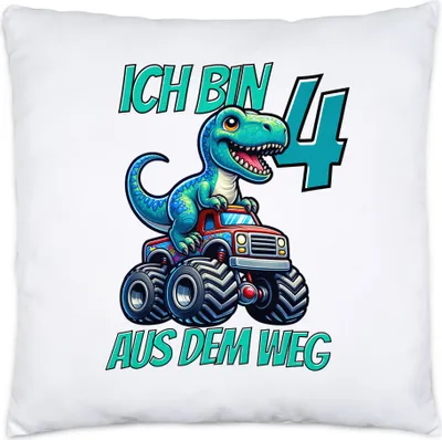 Produktbild von Kinder 4. Geburtstag Kissen Dino Dinosaurier Auto 4 Jahre Junge Monstertruck