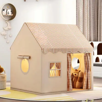 Produktbild von Kinder Spielhaus Braun 130 x 125 x 95 cm Spielzelt mit Vorhängen und Fenstern